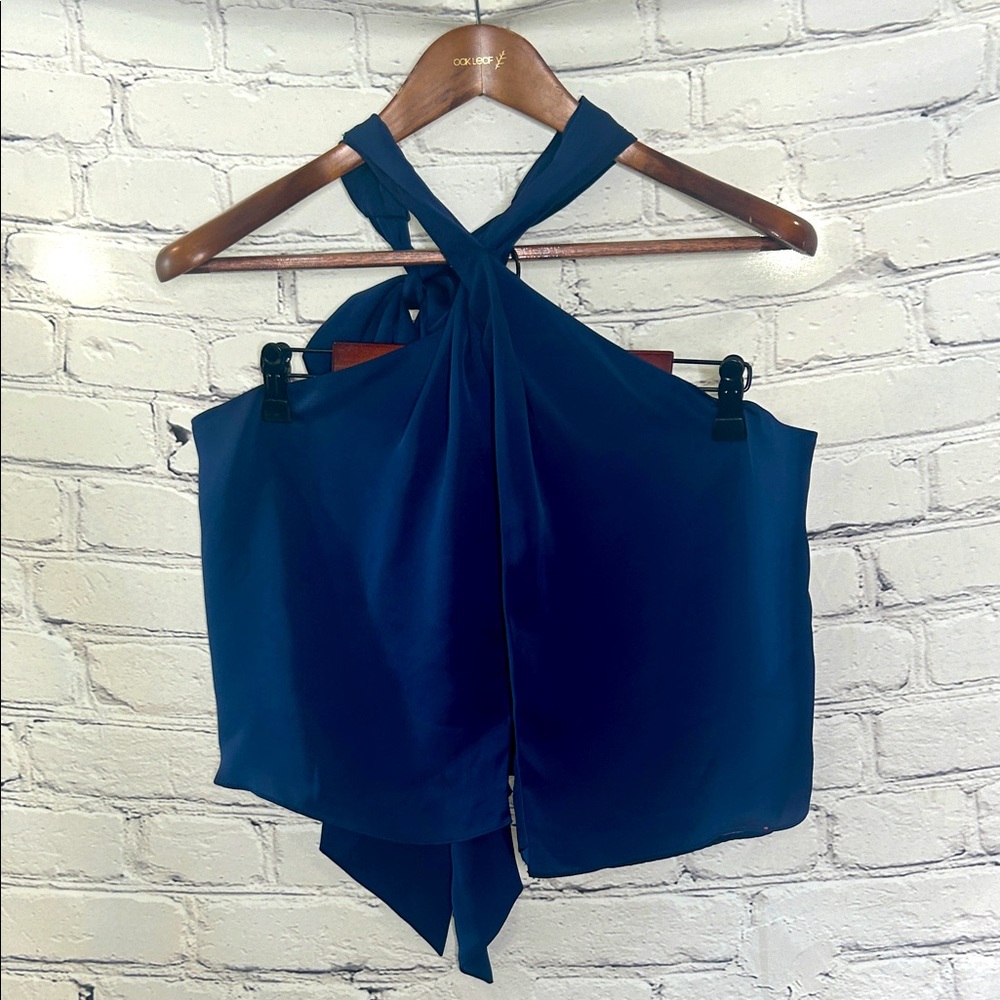 Ramy Brook New York Navy Blue Open Front Halter Tie Crop Top Size Medium